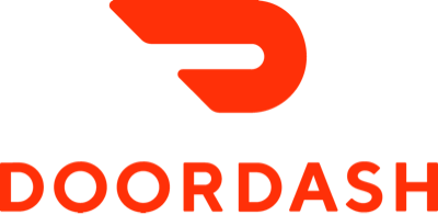 The image shows the DoorDash logo, featuring a bold red symbol above the word 'DOORDASH' in uppercase letters.