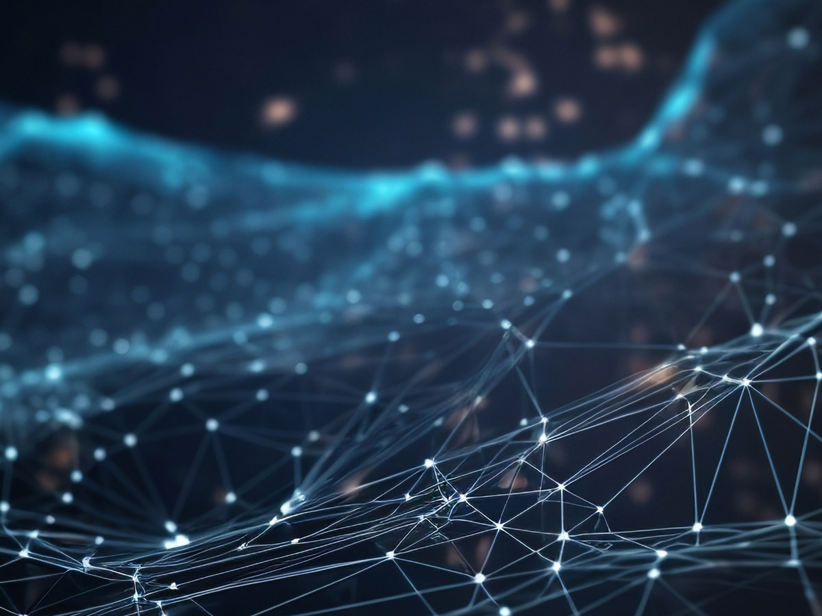 A digital abstract background featuring a network of interconnected glowing points and lines, representing data connectivity, communication, or application integration.
