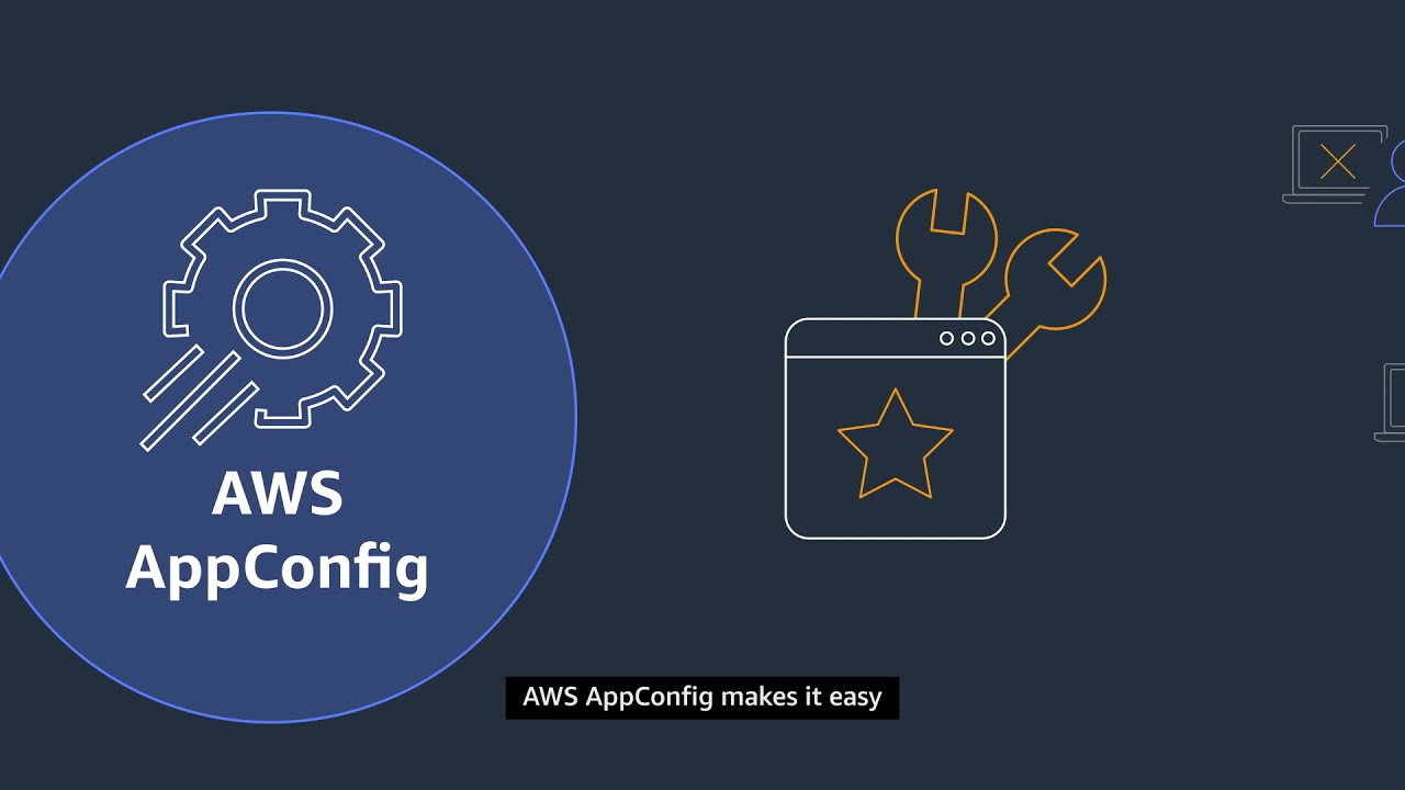"Illustration of AWS AppConfig logo with a gear icon and tools symbolizing configuration management, accompanied by the text 'AWS AppConfig makes it easy.'"