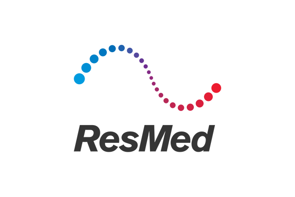 The color logo of ResMed, featuring a stylized wave design above the ResMed name.