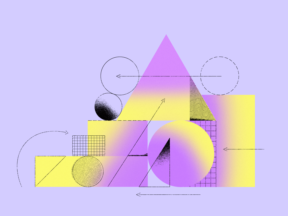 Abstract illustration featuring various geometric shapes, such as triangles, circles, rectangles, and grids, in gradient pastel yellow and purple tones on a lavender background. Arrows and dotted lines add motion and connectivity, suitable for themes of application integration and creative design.