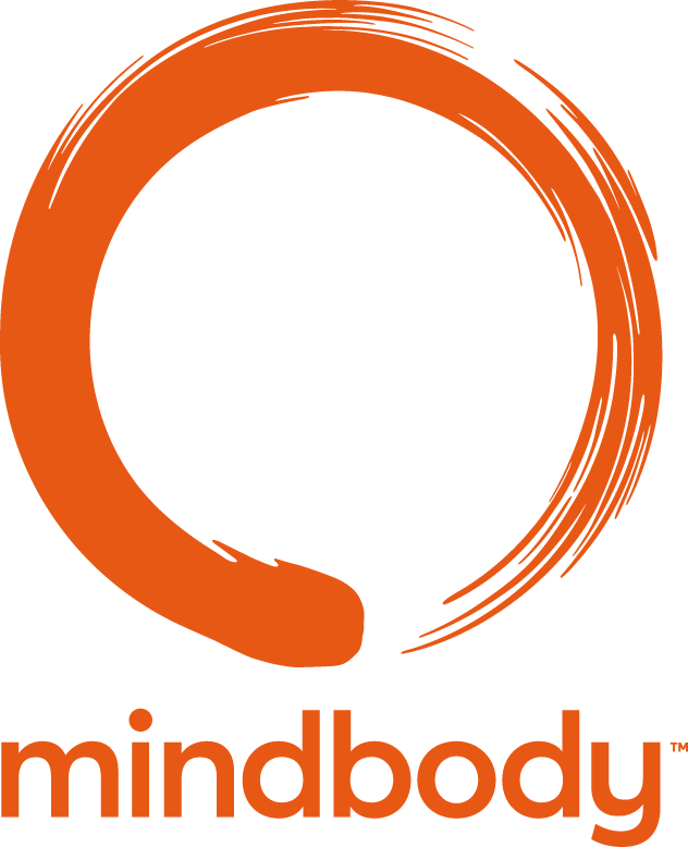 The vertical orange logo for MINDBODY, featuring an orange circular brushstroke above the word 'mindbody' in lowercase orange text.