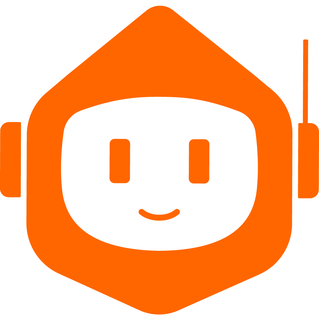Orange icon logo of a friendly robot face with headset, symbolizing hospitality voice technology or a voice assistant bot.