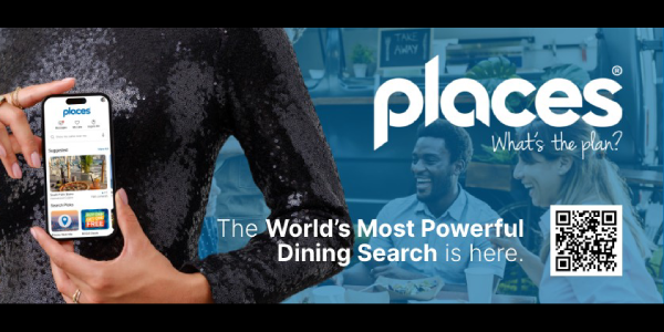 Alt-text: A person in a black sequined outfit holding a smartphone displaying a dining search app, with the text "The World's Most Powerful Dining Search is here" and a QR code on the right.