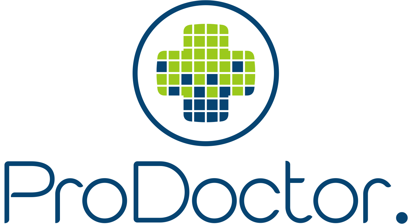Logo of ProDoctor featuring a stylized blue and green cross made of grid squares, with the brand name 'ProDoctor' below the icon.