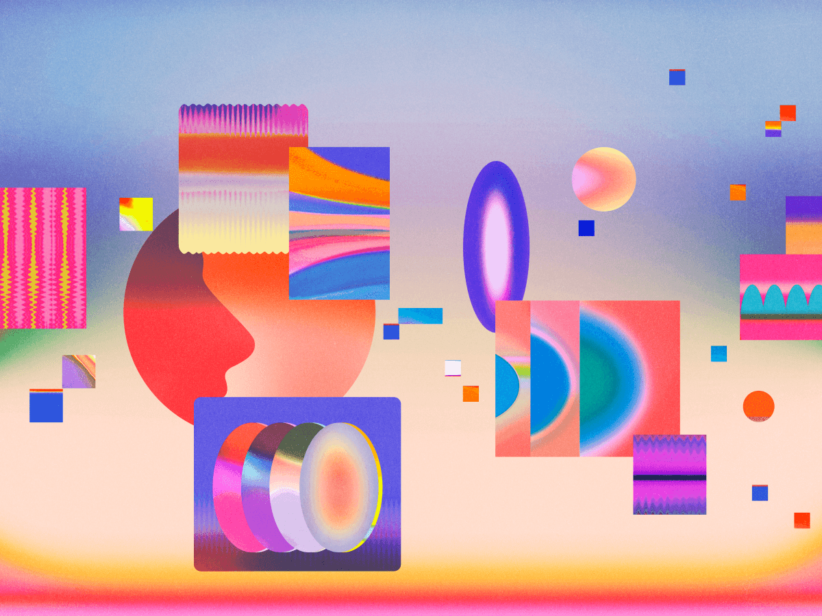 An abstract, colorful digital illustration representing application integration, featuring geometric shapes, gradients, and overlapping elements in vibrant hues.
