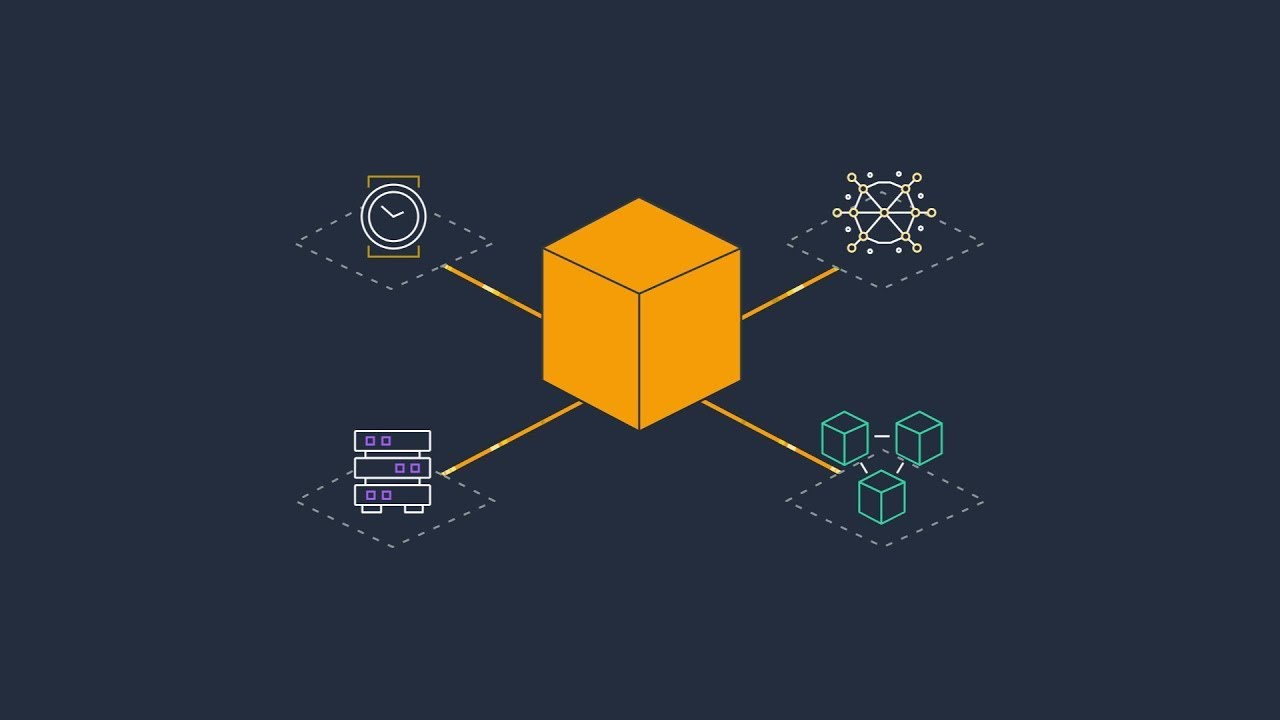 A conceptual illustration showing a central yellow AWS cube connected to four different icons representing various application integration components, including a clock, a neural network, servers, and interconnected cubes, on a dark background.