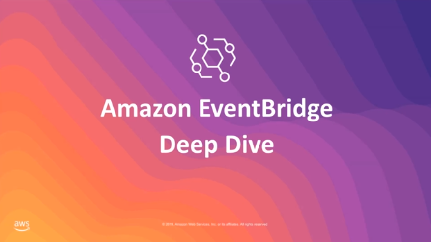 Webinar cover image featuring the text 'Amazon EventBridge Deep Dive' on a purple and orange gradient background with the AWS logo.