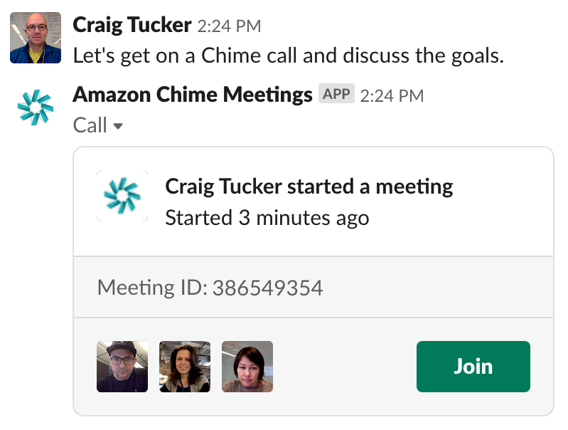Screenshot of Slack showing the integration with Amazon Chime Meetings, including a message to join a Chime call, meeting details, participant images, and a Join button.