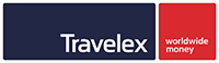 Logo of Travelex with the text 'Travelex worldwide money' on a blue and red background.