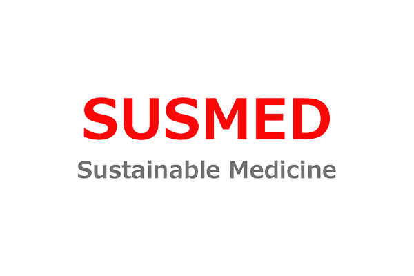 Logo with the text 'SUSMED Sustainable Medicine' featuring 'SUSMED' in bold red letters and 'Sustainable Medicine' in gray below it, on a transparent background.