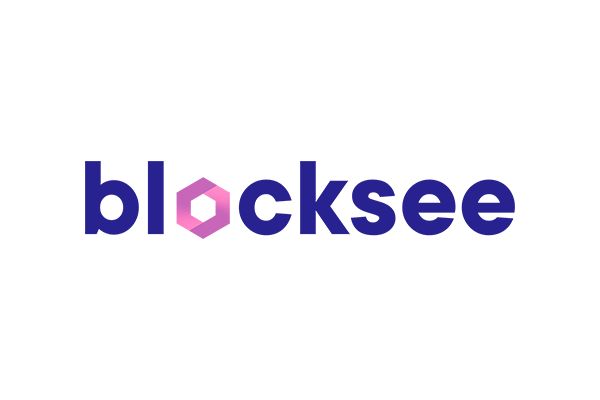 Abstract icon representing blockchain technology, featuring a geometric pink and blue design on a transparent background.