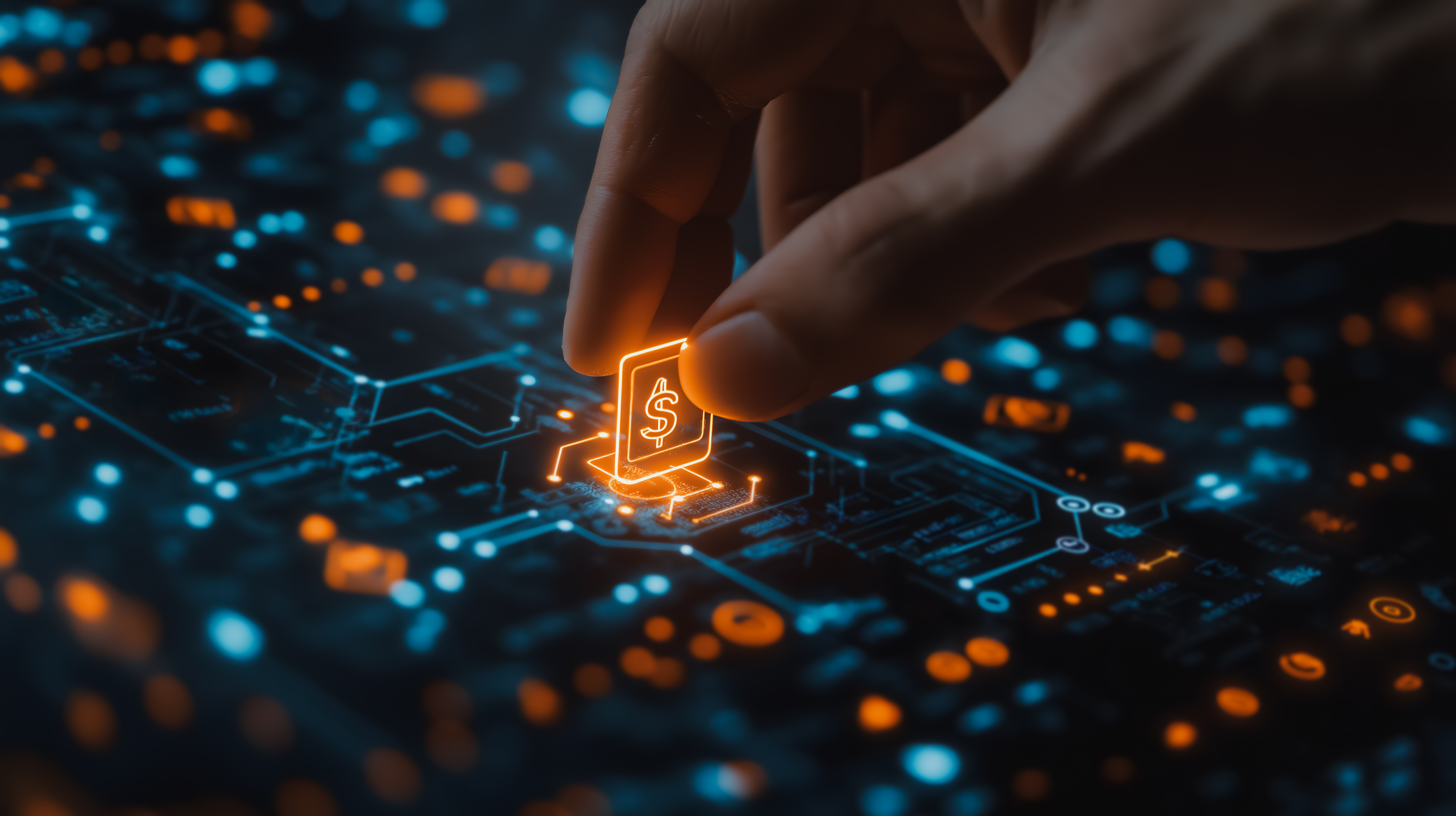 A hand placing a glowing digital icon with a dollar sign onto a futuristic circuit board, symbolizing financial technology.