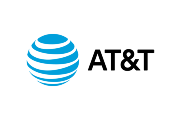 AT&T logo featuring a blue globe with horizontal stripes and the text 'AT&T' in black.