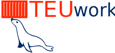 Logo for TEUwork featuring a stylized red shipping container, the word 'TEUwork' in red and navy blue text, and an illustrated white seal. The image combines maritime and logistics themes.