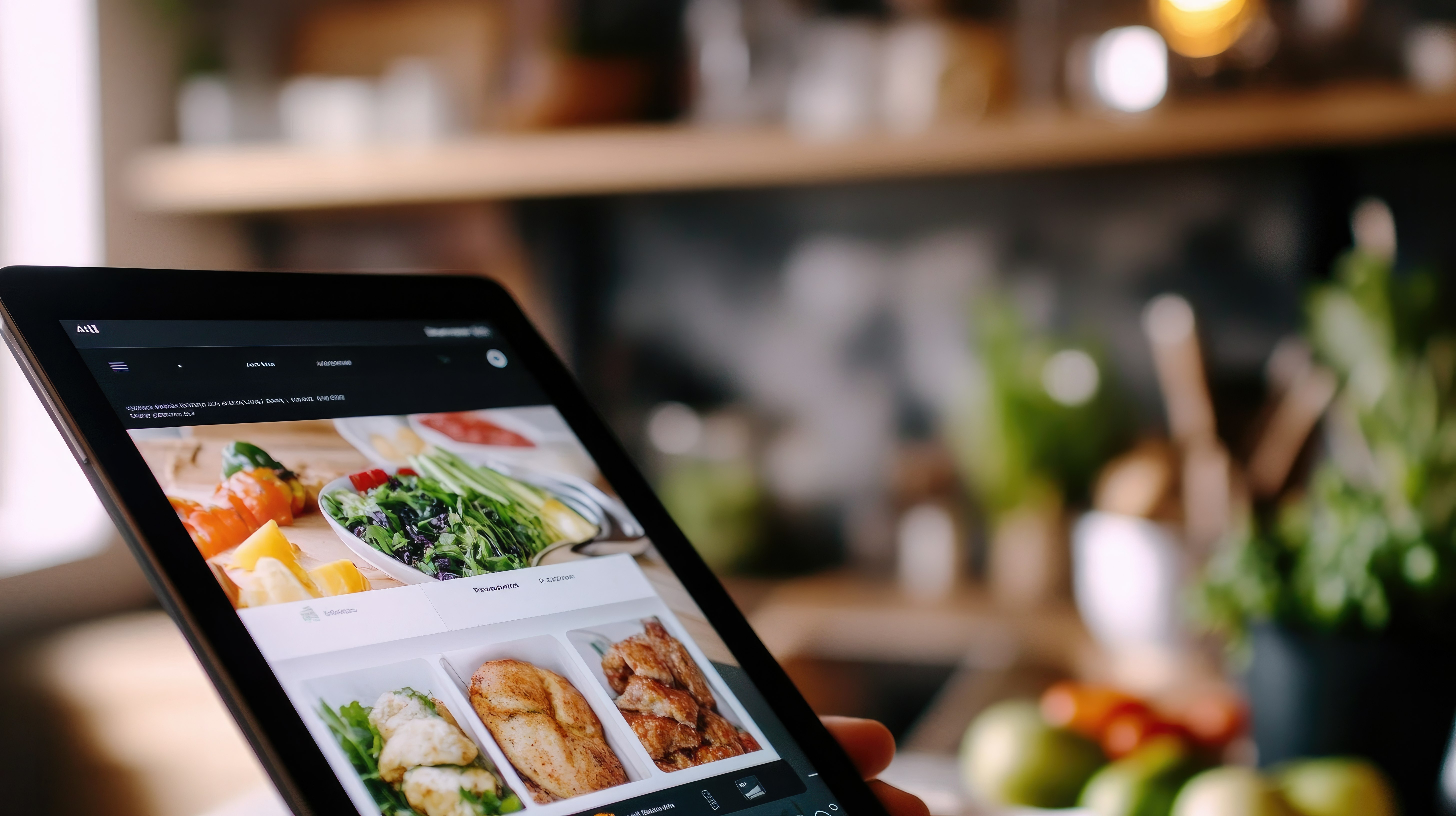 Close-up of a tablet screen with an online food ordering app open, showing a cart full of items, with a cozy kitchen background