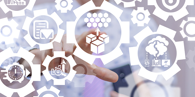 A person interacts with virtual gear icons representing digital transformation steps, including cloud computing, analytics, automation, and document management, symbolizing the modernization of business applications with technology solutions.
