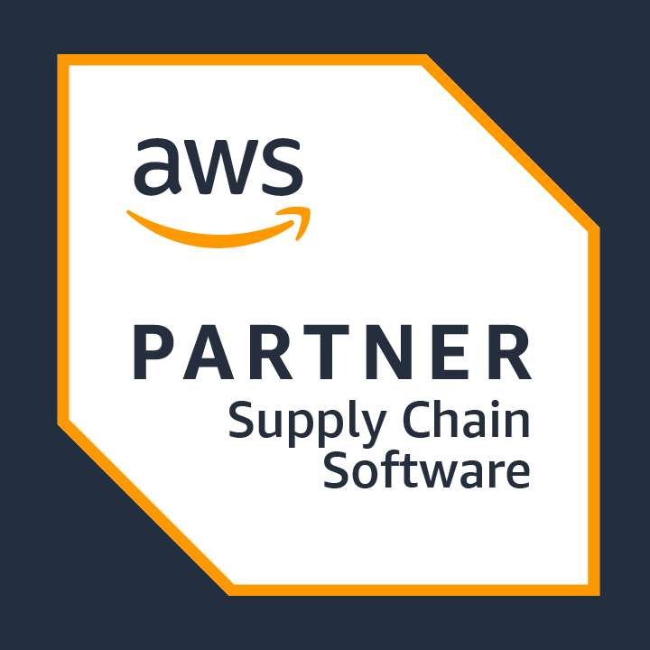 AWS Partner badge for Supply Chain Software, featuring a white and orange geometric design on a dark blue background.
