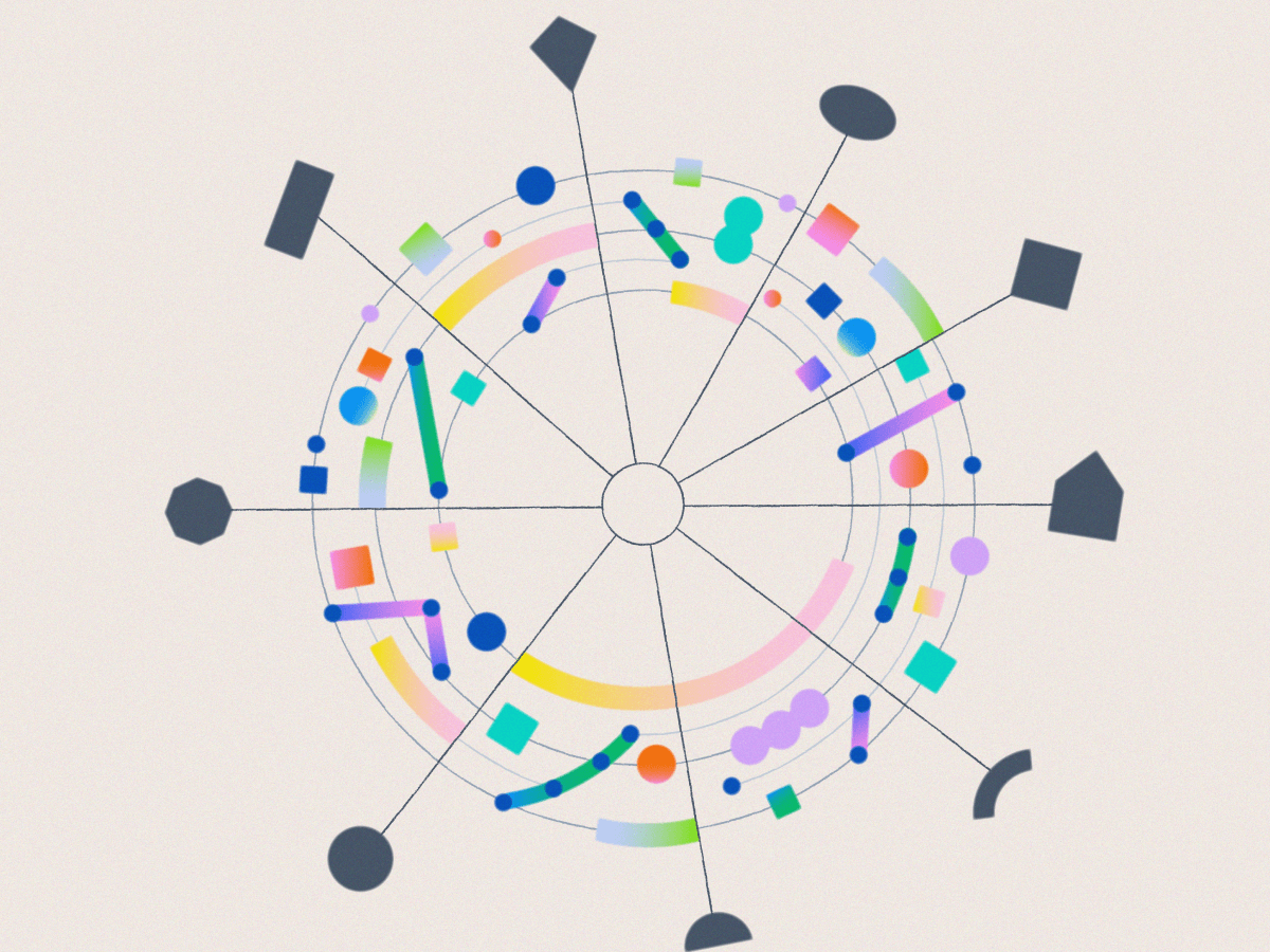 A circular abstract data visualization graphic with interconnected lines, shapes, and colorful geometric forms, symbolizing business applications and analytics.