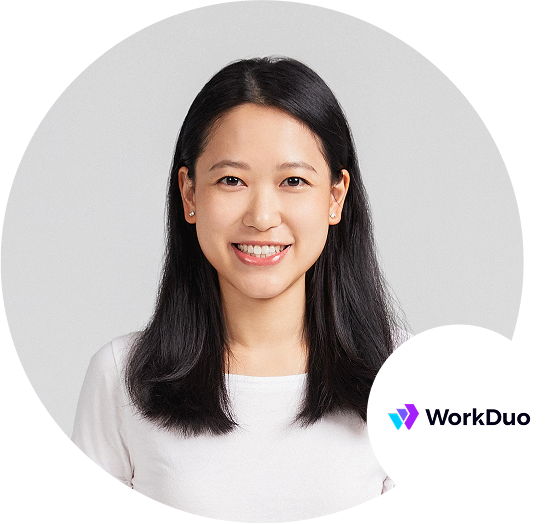 Portrait of a WorkDuo employee with the WorkDuo logo in the bottom right corner