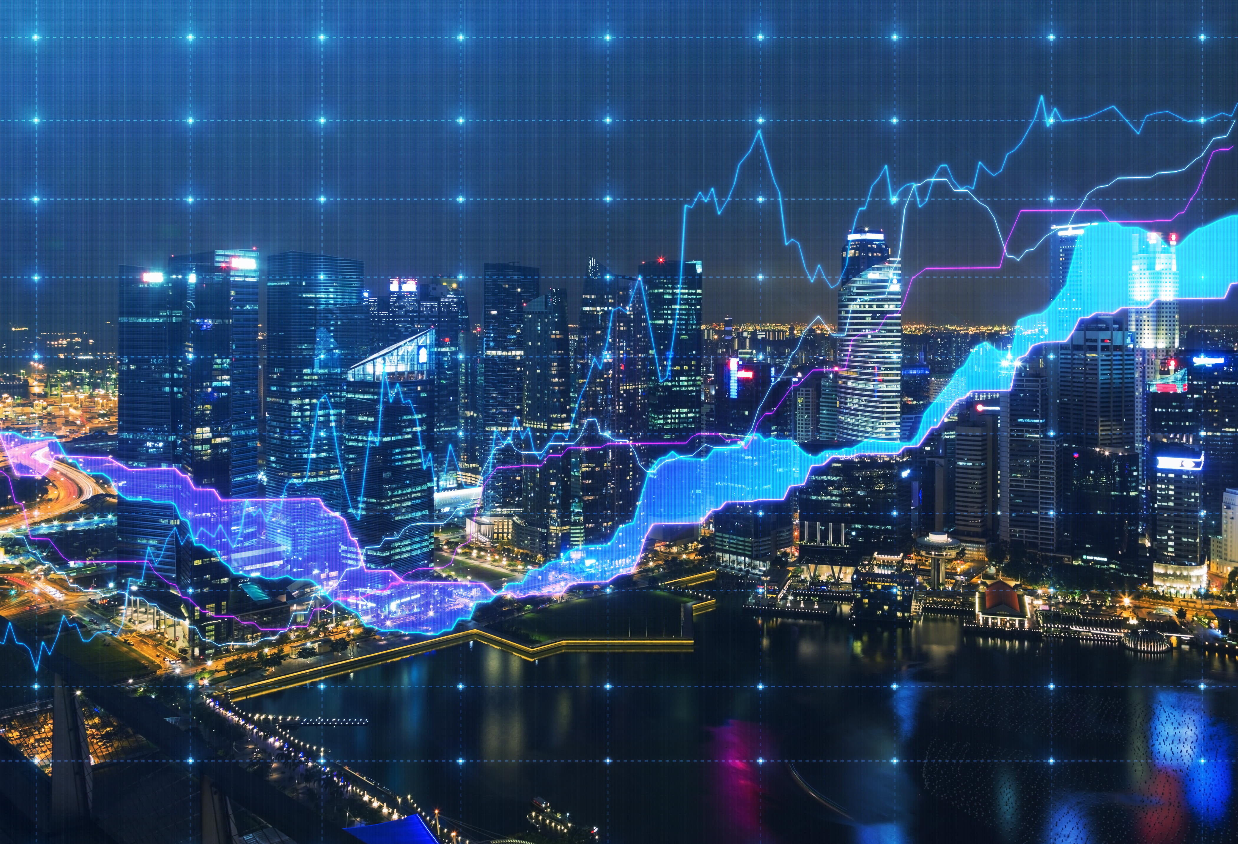 Panoramic evening New York view with the digital financial chart. A concept of the professional financial services.