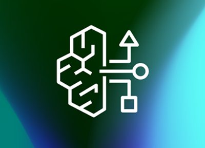 Abstract AWS icon representing cloud financial management, featuring geometric lines, shapes, and gradient green and blue background.