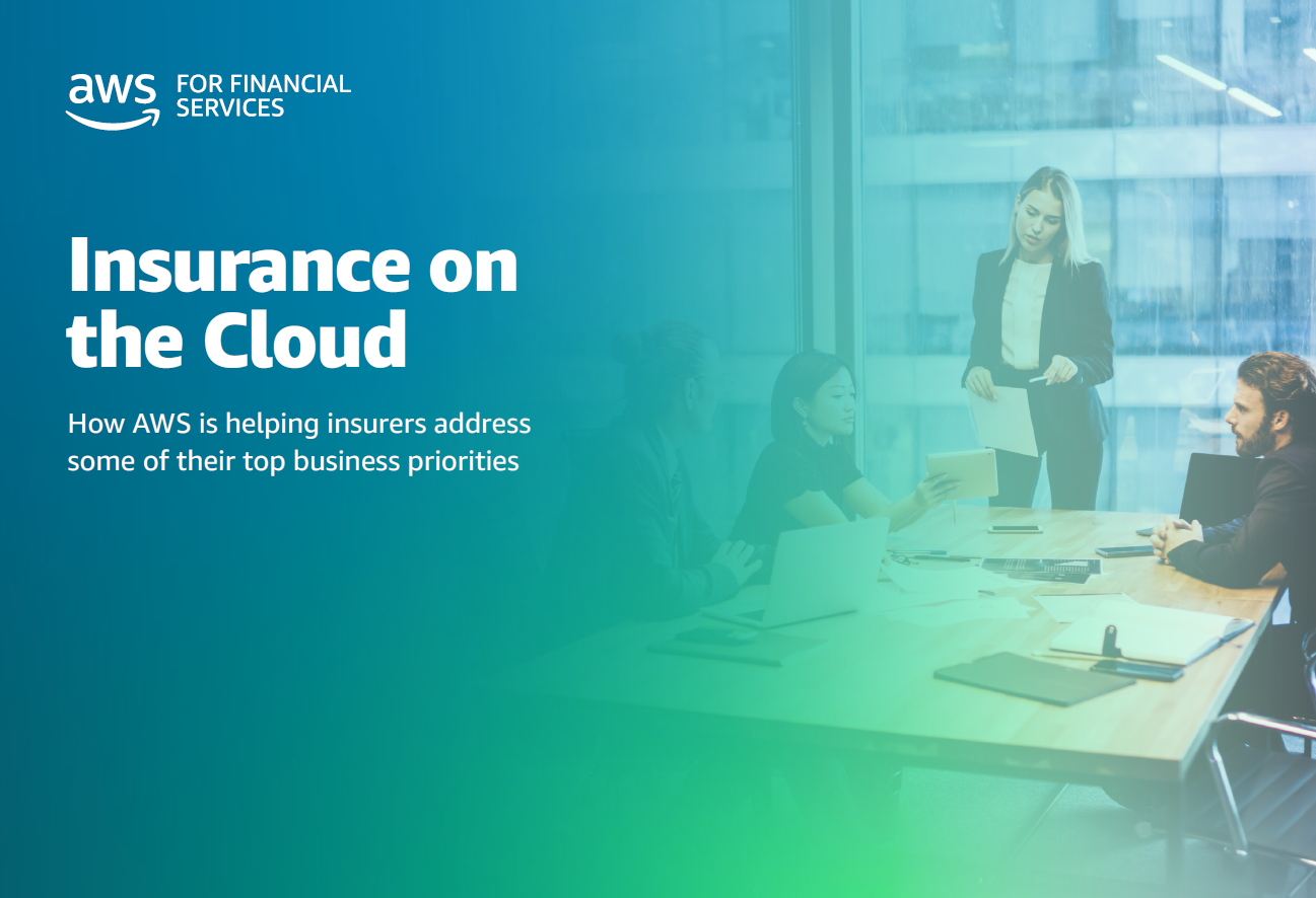 Promotional graphic for AWS Financial Services featuring the text 'Insurance on the Cloud: How AWS is helping insurers address some of their top business priorities', with a background image of business professionals meeting in a modern office.