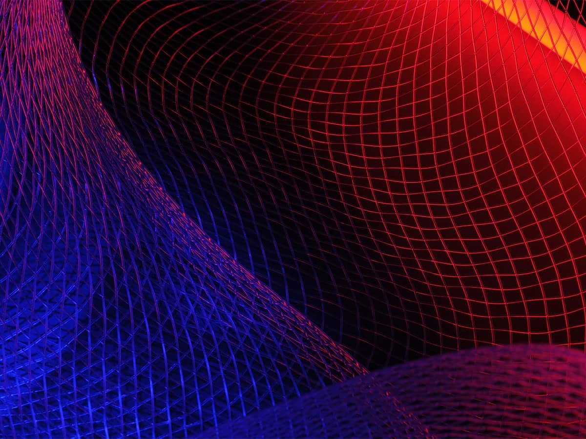 Abstract image featuring an intricate, curved geometric mesh pattern with gradients of red and blue lighting.
