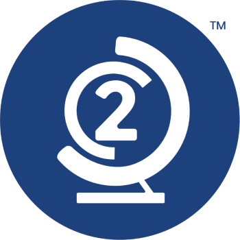 Logo for Class2Class featuring a white stylized globe with the number '2' on a blue circular background.