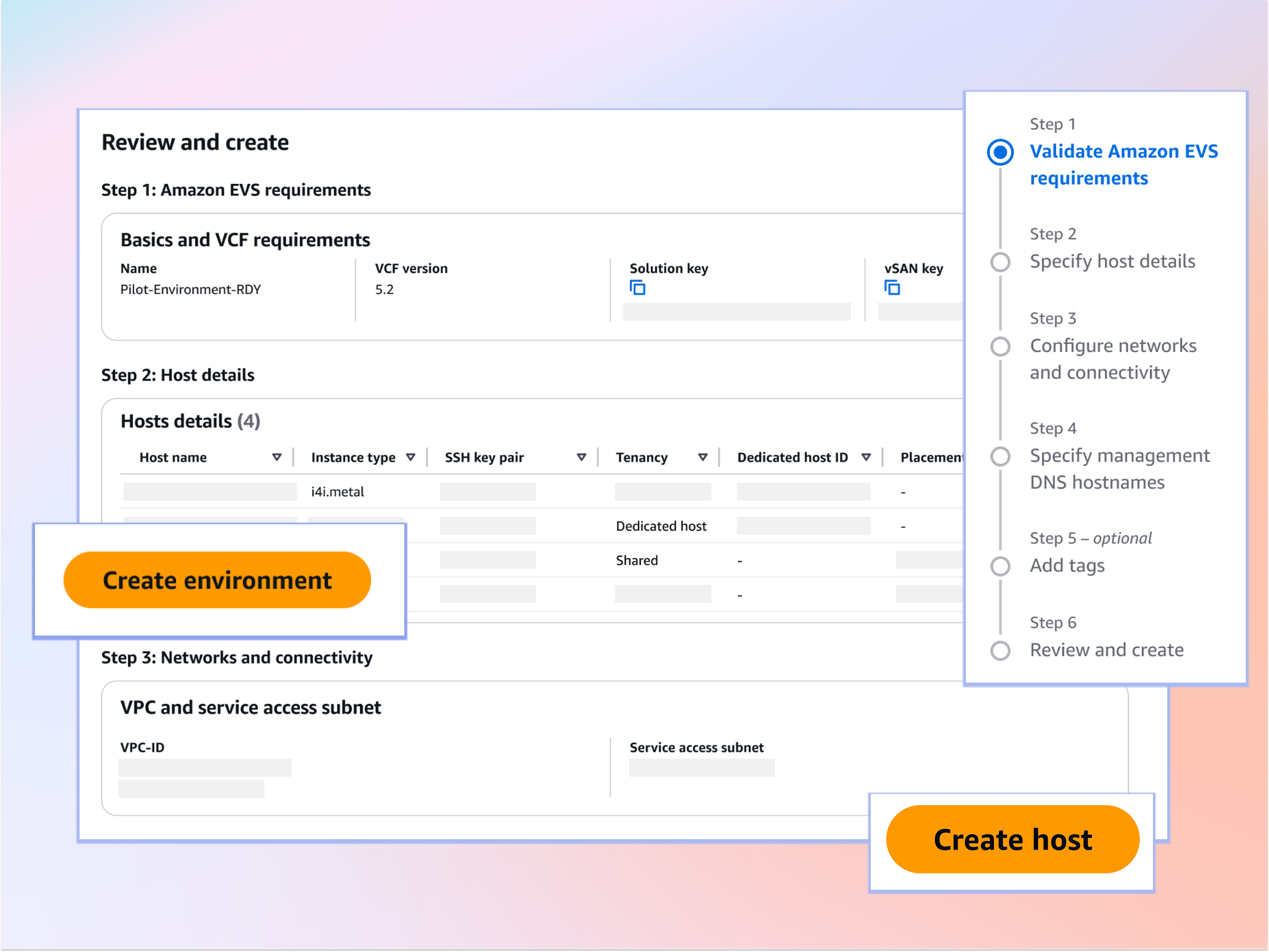 Screenshot of the Amazon EVS environment creation and host setup interface. The image displays a review and create page with steps for specifying Amazon EVS requirements, host details, and network connectivity. Buttons labeled 'Create environment' and 'Create host' are visible. The sidebar shows a step-by-step guide to environment setup, starting with validating Amazon EVS requirements.
