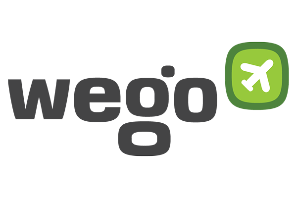 Wego logo with black text and a green square containing a white airplane symbol.
