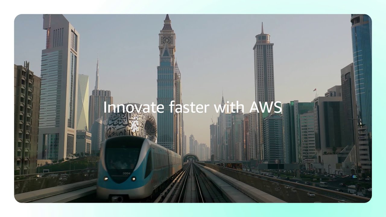 Dubai skyline with modern skyscrapers, the Museum of the Future, and a metro train in the foreground, overlaid with the text "Innovate faster with AWS."