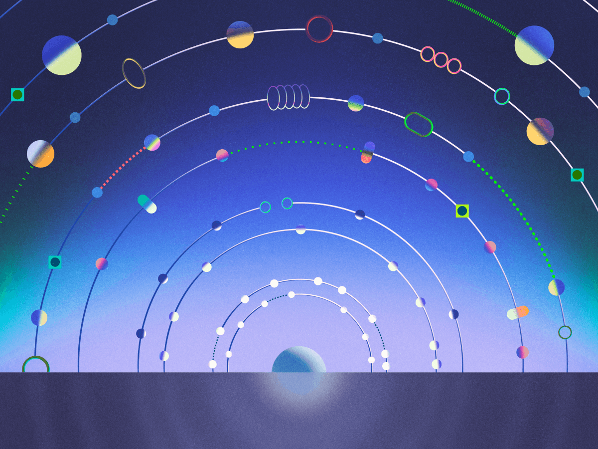 Abstract illustration featuring curved lines, colorful geometric shapes, and a gradient background representing innovation and modern design. Suitable for AWS compute and technology solutions themes.