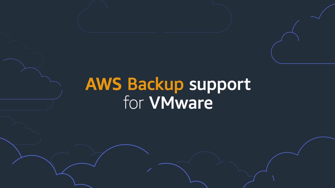 YouTube thumbnail image featuring the text 'AWS Backup support for VMware' on a dark background with cloud outlines, representing AWS Backup integration with VMware environments.