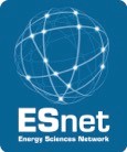 Logo of ESnet (Energy Sciences Network) featuring a stylized globe with connected points and the text 'ESnet Energy Sciences Network' on a blue background.