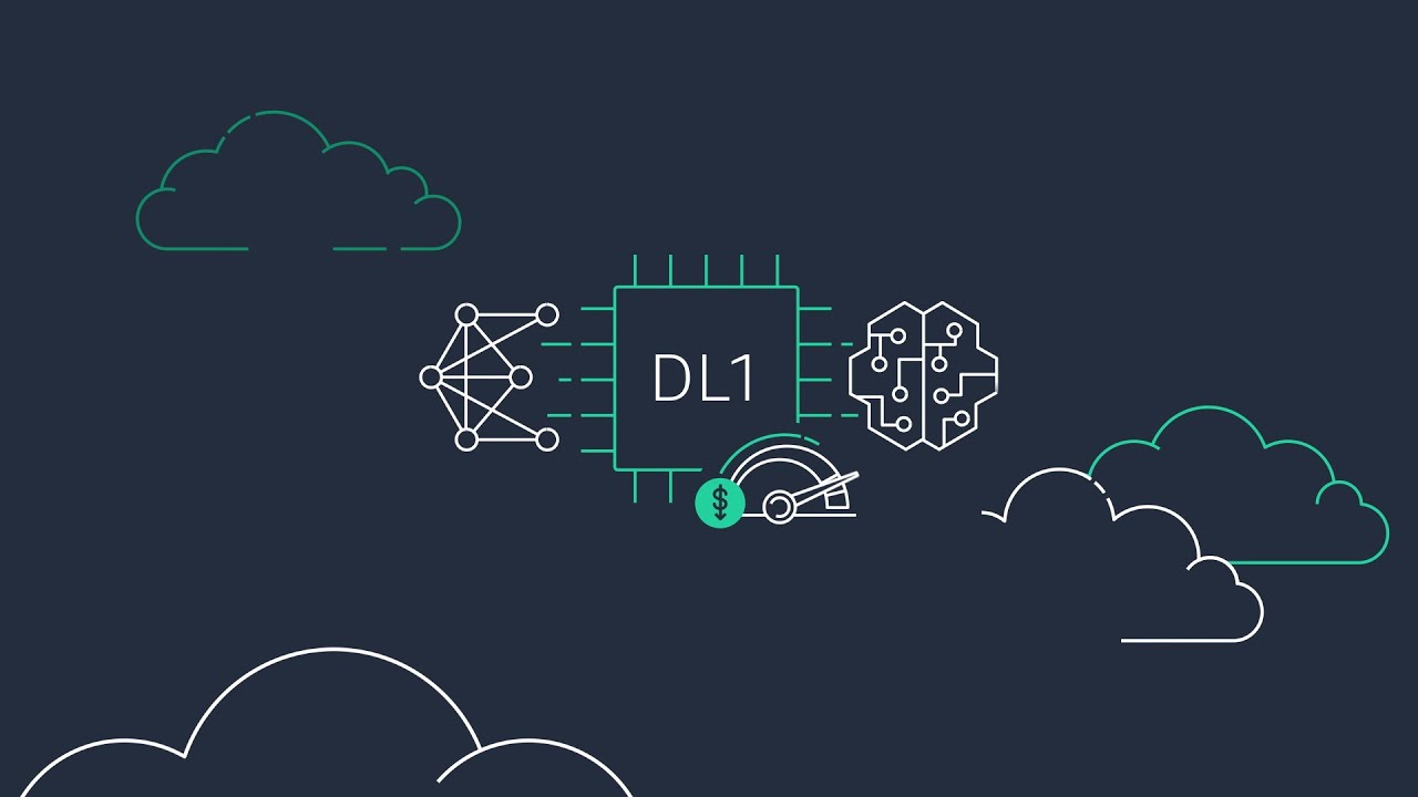 Illustration of cloud computing and deep learning infrastructure with a DL1 chip in the center, neural network and machine learning icons, and cloud outlines, representing AWS deep learning cloud infrastructure.