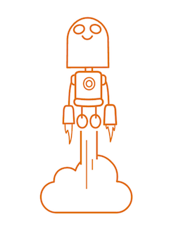 A simple orange outline illustration of a smiling robot launching like a rocket above a cloud, on a white background.