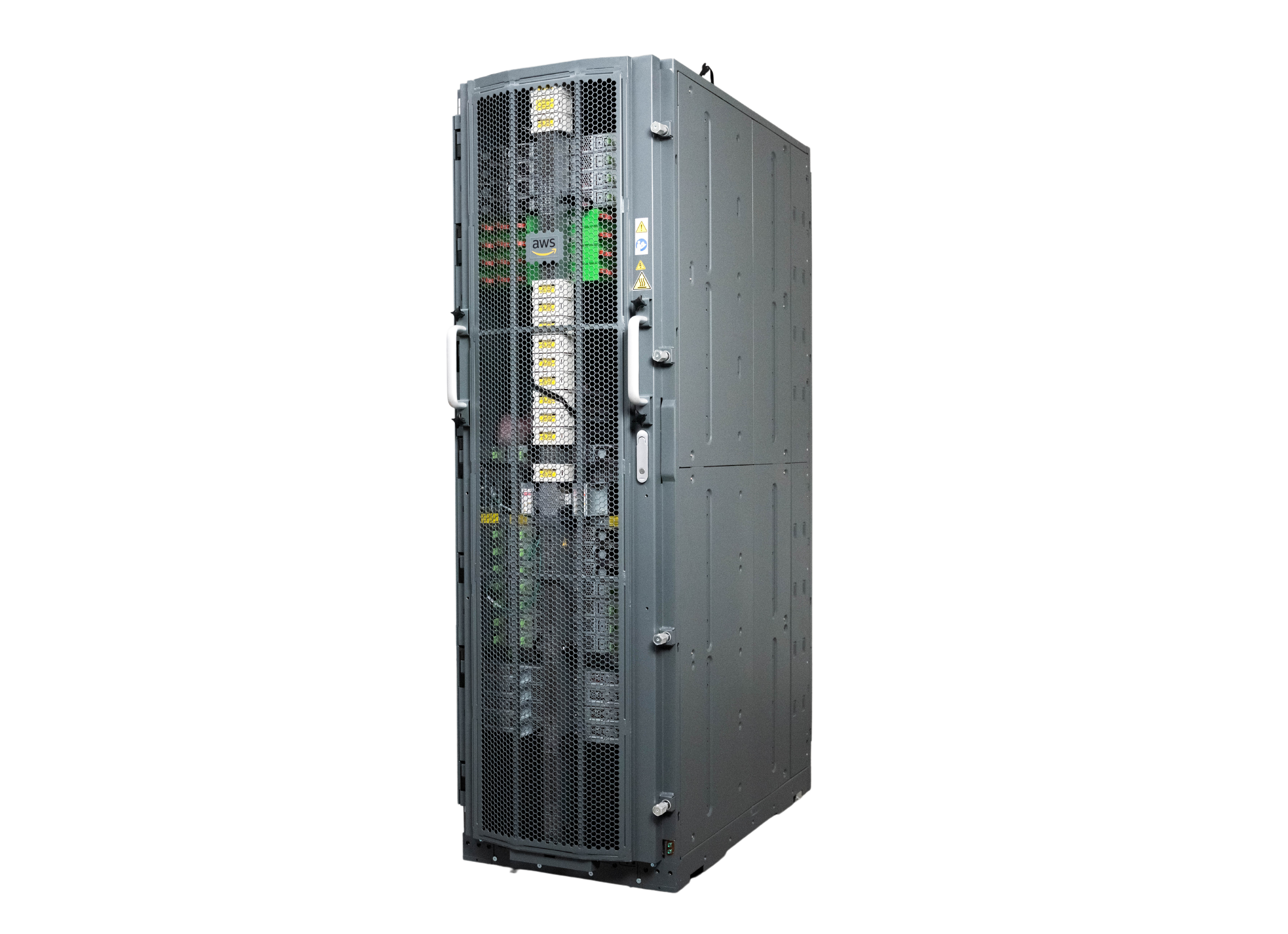 A tall, gray server rack with visible internal components and an AWS logo on the front.