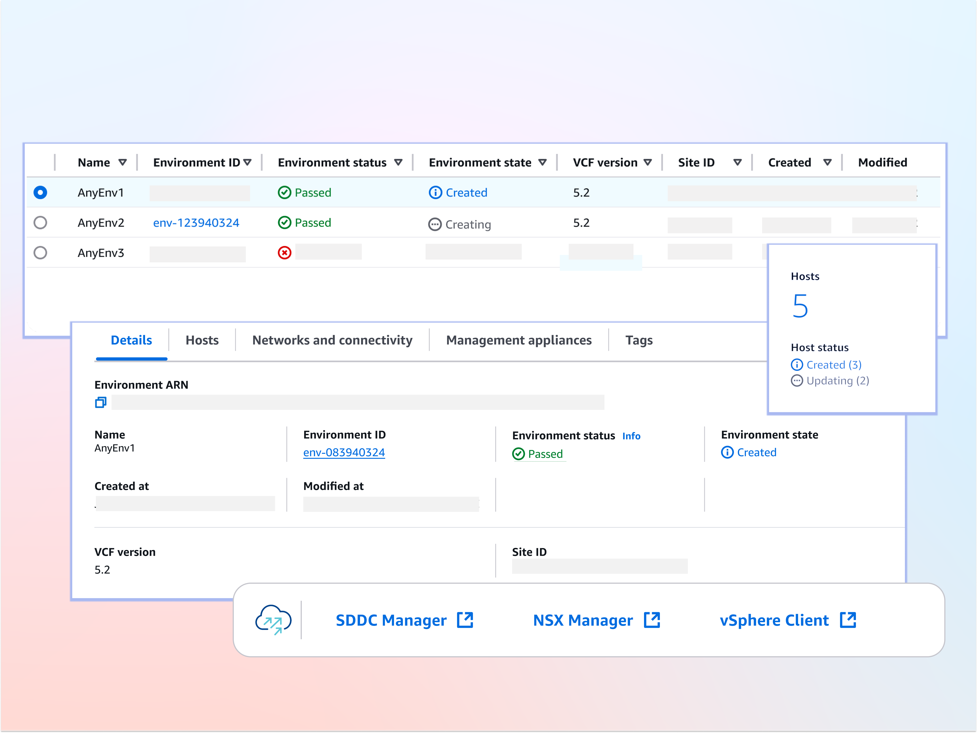 Screenshot of an AWS compute environment management interface showing a list of environments with details such as environment status, state, VCF version, and host status, including Passed/Creating statuses and SDDC, NSX, and vSphere management options.
