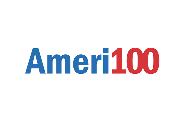 "Amer100 logo with 'Amer' in blue and '100' in red, featuring a silhouette of a person in the number 1."