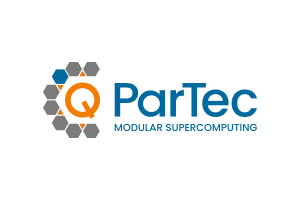Logo for ParTec Modular Supercomputing featuring a stylized 'Q' and hexagonal elements, with the text 'ParTec MODULAR SUPERCOMPUTING'.