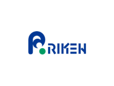 Alt-text: "RIKEN logo with a stylized blue 'P' and green dot on a black background."