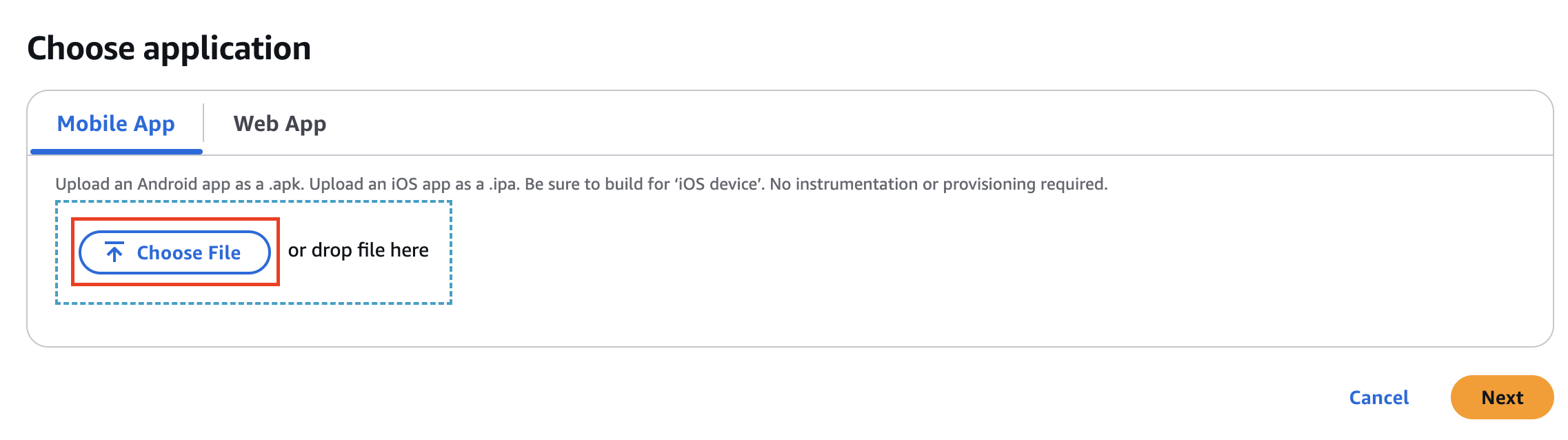 Screenshot of the AWS Device Farm interface showing the 'Choose application' step, where users can upload a mobile app file (.apk or .ipa) by selecting 'Choose File' or dragging and dropping the file.