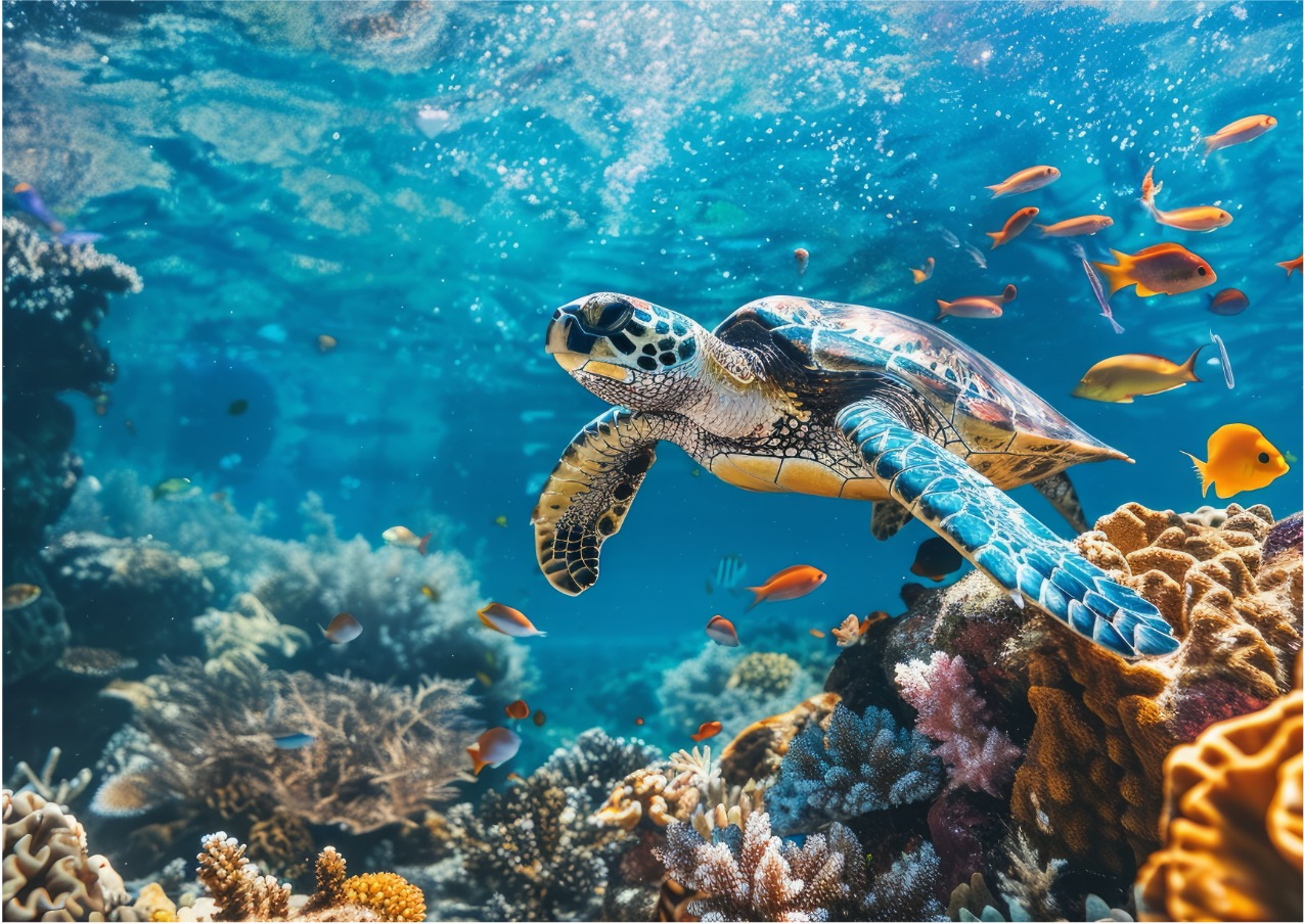 Sea turtle swimming among colorful coral reefs and vibrant tropical fish in clear blue water.