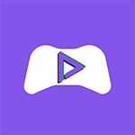 Illustration of a white game controller with a play button in the center, set on a purple background.