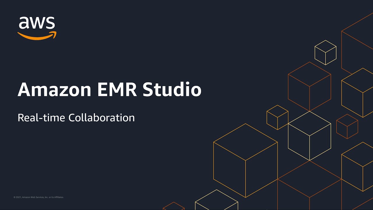 YouTube thumbnail image featuring Amazon EMR Studio with the text 'Real-time Collaboration' and geometric cube design on a dark background, branded with AWS logo.
