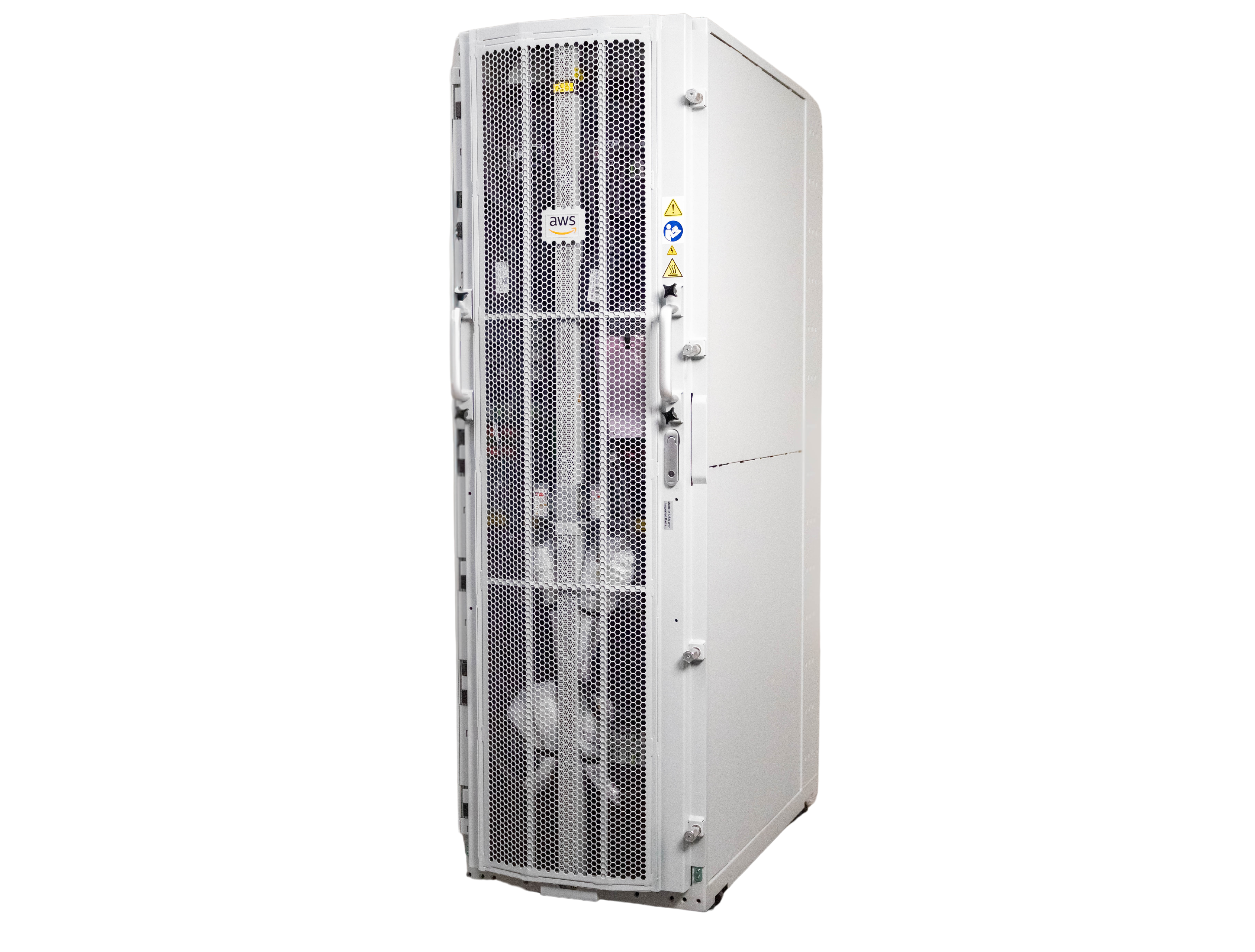 A white AWS Outposts server rack with a perforated front panel and visible internal components.