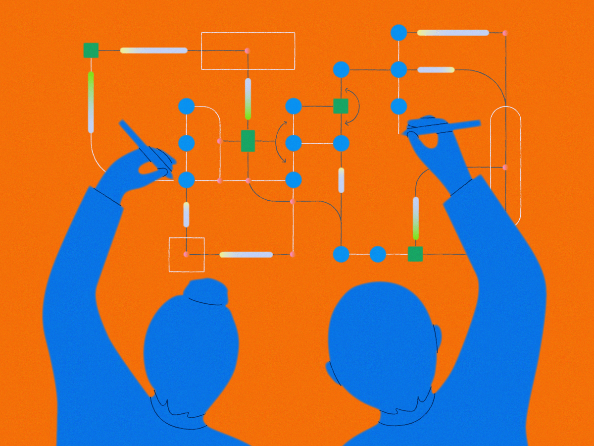 Illustration of two blue silhouettes drawing or collaborating on a complex digital workflow or process diagram against an orange background. Represents teamwork, planning, or designing digital infrastructure or compute processes.
