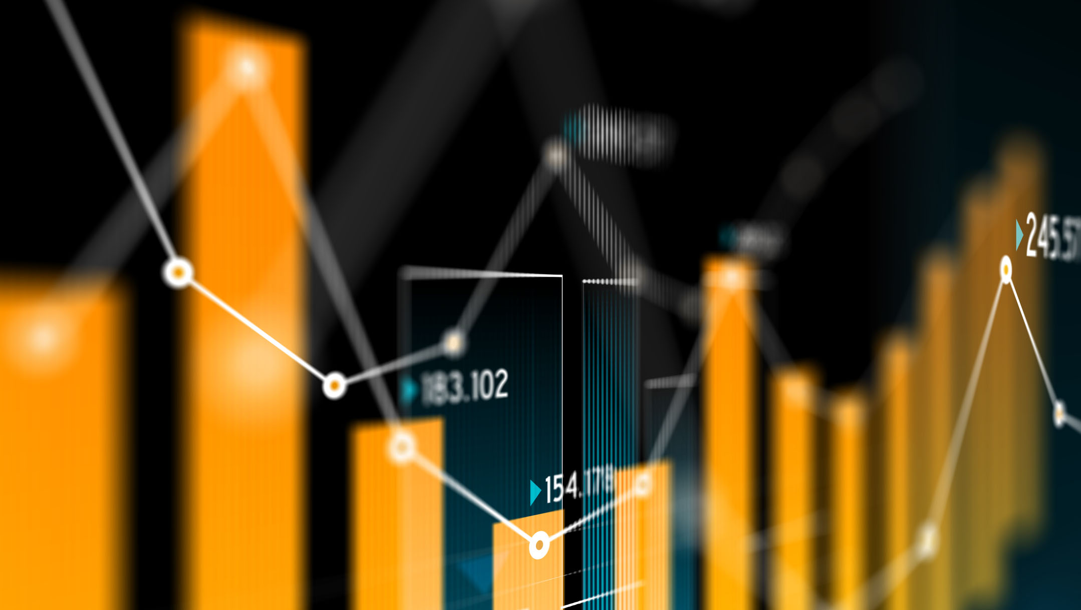 Abstract image featuring a 3D data analytics chart with orange bar graphs and a white trend line on a black background, representing data analysis and business intelligence.
