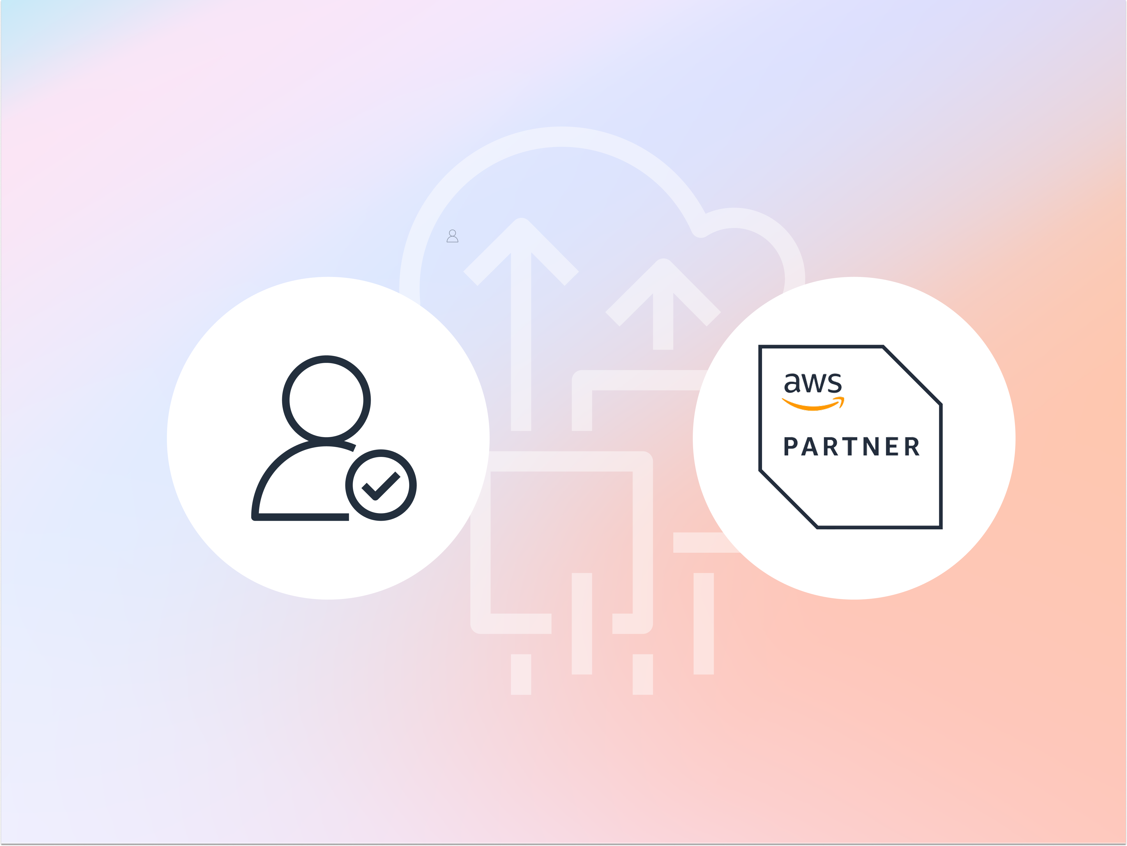 Illustration featuring a user verification icon and the AWS Partner badge, set against a cloud compute-themed background with gradient pastel colors.